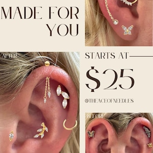 Könnte beinhalten: Eine Sammlung goldfarbener Ohrpiercings mit verschiedenen klaren Edelsteindesigns, darunter Blumen, Schmetterlinge, Blätter und Ketten. Das Bild enthält den Text CUSTOM CURATIONS MADE FOR YOU, STARTS AT $25, @THEACEOFNEEDLES und ORDER YOURS ONLINE AT THEACEOFNEEDLES.COM.