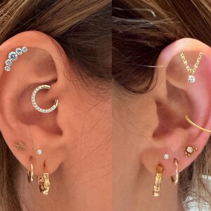 May include: Close-up of two ears adorned with various gold earrings and ear piercings. One ear features a series of small, light blue gemstones. The other ear has a gold chain necklace with a single diamond pendant.