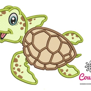 May include: A green and brown cartoon sea turtle with a shell, flippers, and a smiling face. The turtle is swimming to the right.