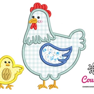 May include: Embroidered design of a blue and white gingham hen with a floral wing and a yellow chick. The design is ideal for a farmhouse or country-themed project.