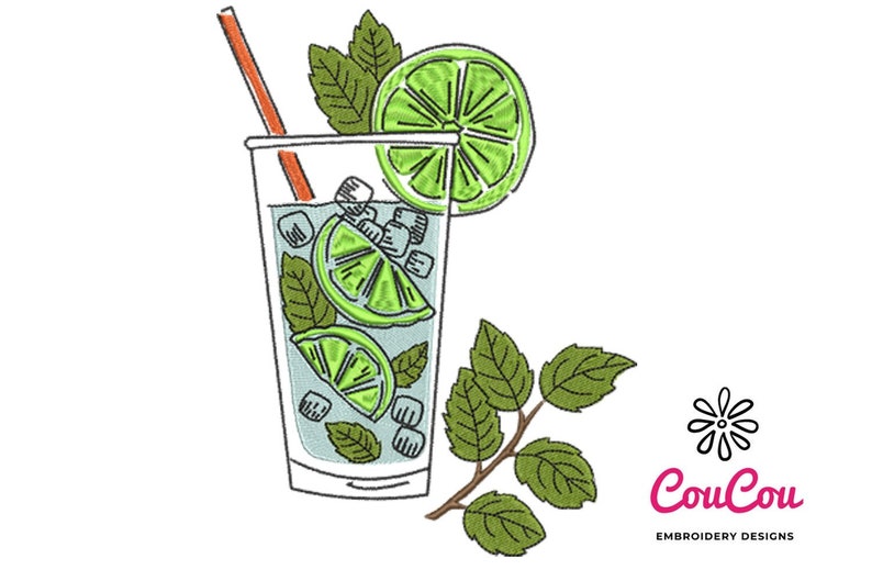 May include: A glass of limeade with ice cubes, lime slices, and mint leaves. A straw sticks out of the top of the glass. There is a sprig of mint leaves to the right of the glass.