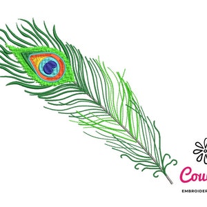 May include: A green peacock feather with a blue, orange, and yellow eye. The feather is embroidered with fine detail.