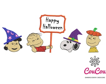 May include: An embroidered design featuring the Peanuts characters dressed in Halloween costumes.  Snoopy is wearing a witch's hat, Charlie Brown is holding a sign that says "Happy Halloween", Lucy is wearing a witch's hat, and Linus is wearing a pumpkin on his head.