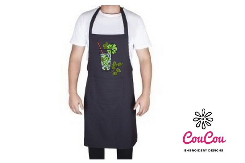 May include: A black apron with an embroidered design of a glass of lime juice with a straw and lime slices. The design is in green, yellow, and orange.
