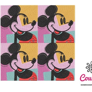 May include: A digital embroidery design featuring four colorful images of Mickey Mouse. The design is perfect for creating personalized projects like t-shirts, tote bags, and home decor.