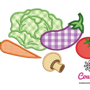 May include: Embroidered design of a green lettuce, purple aubergine, orange carrot, red tomato, and a brown mushroom. The vegetables are all checkered.