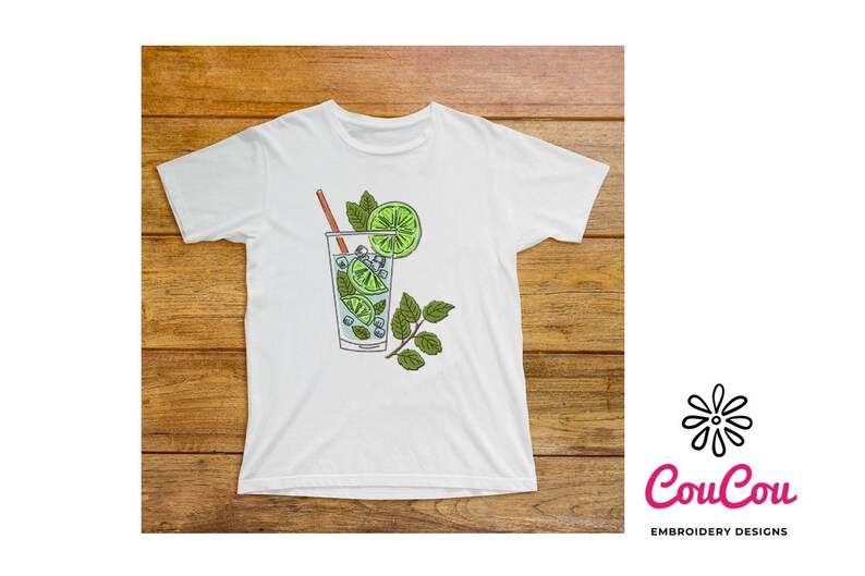 May include: White t-shirt with a graphic of a glass of mojito with a lime wedge and a sprig of mint.