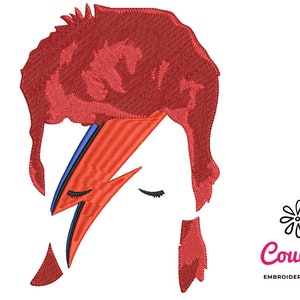 May include: Embroidered design of David Bowie's iconic red hair and lightning bolt, a popular image associated with the musician.