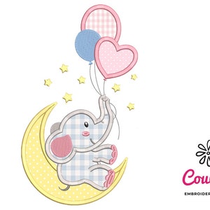 May include: A cute gray elephant holding pink and blue balloons sits on a yellow crescent moon with white polka dots.  Stars are scattered around the moon.  The text "CouCou Embroidery Designs" is in the lower right corner.