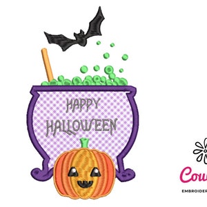 May include: Purple cauldron with a gingham pattern and a green potion inside. The cauldron has a wooden stirrer and a bat flying above it. The text "Happy Halloween" is written on the cauldron. A smiling orange pumpkin is in front of the cauldron.