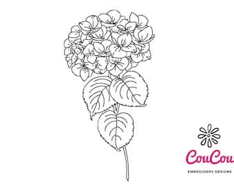 May include: A black and white line drawing of a hydrangea flower with leaves. The flower is in bloom and has many small petals. The leaves are large and have a veined pattern.