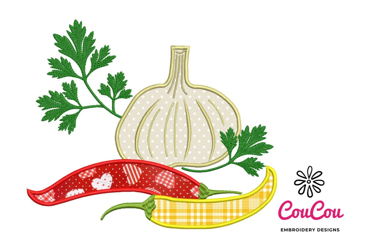 Garlic Embroidery Pattern Garlic and Peppers Applique - Machine Embroidery Design, Embroidery ...