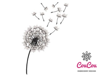 May include: Black and white embroidery design of a dandelion with seeds blowing in the wind. The design is from CouCou Embroidery Designs.