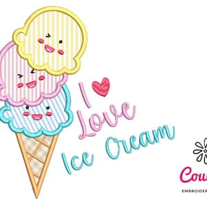 Cute I Love Ice Cream Applique - Machine Embroidery Design, Embroidery Patterns, Embroidery Files, Machine Embroidery