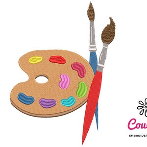 May include: A brown wooden artist's palette with colorful paint wells and two paintbrushes, one red and one blue.