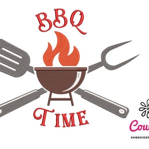 May include: Embroidery design featuring a grill, spatula, and tongs with flames and the text "BBQ TIME".