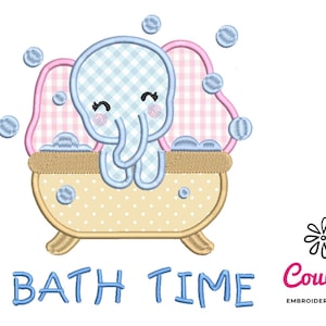 バスタイムの象のアップリケ - 機械刺繍デザイン、刺繍パターン、刺繍ファイル、機械刺繍、インスタントダウンロード