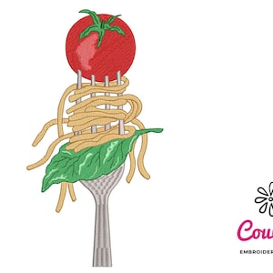 May include: A fork with a red tomato, yellow spaghetti, and a green basil leaf on top. The fork is silver and the food is arranged in a decorative way.