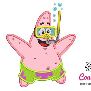 May include: Embroidered design of Patrick Star from Spongebob Squarepants wearing a yellow diving mask and snorkel. He is wearing green and purple swim shorts. The design includes bubbles and the CouCou Embroidery Designs logo.