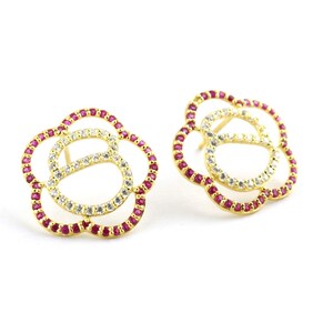 Ruby Flower Stud Earrings - Sterling Silver Diamond Earrings For Women - Gold Finish Anniversary Gift - July Birthstone Gift For Her