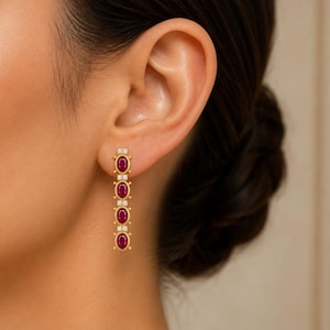 Ruby CZ Dangle Oval Earrings - Sterling Silver Handmade Gemstone Jewelry - July Birthstone Gift