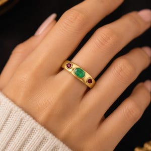 Gold Plated Sterling Silver Emerald Ruby Three Stone Ring, Statement Gemstone Band