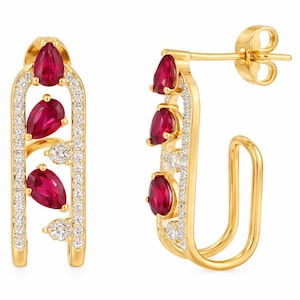 Gold Plated Pear Ruby Dangle Earrings – Sterling Silver CZ Dangle Jewelry