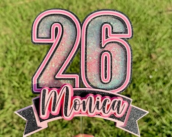 Personalized Shaker Cake Topper | Pink & Black Glitter Birthday Decor