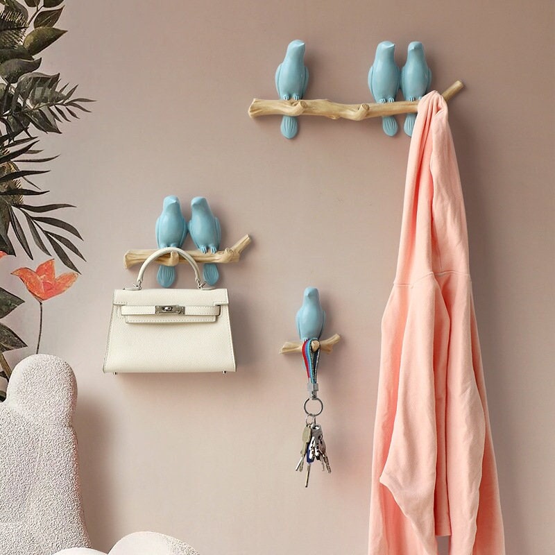 Blue Bird On Branch Wall Hook Decorative Hooks Branch Wall Hook Decorative Bird Hooks, Creative Wall Coat Hooks