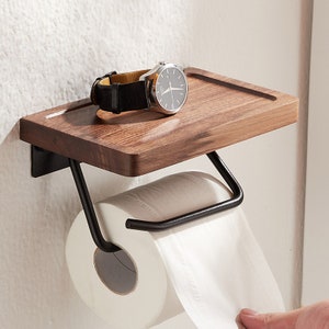 Rustic Wood Toilet Paper Holder with Shelf，Wall Mounted Tissue Roll Holder  with Phone Storage Shelf，Paper Dispenser Holder for Bathroom