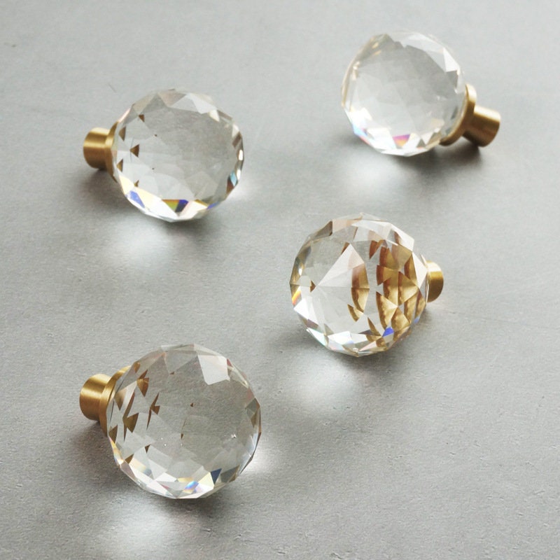 Gold Crystal Knob Round Crystal Dresser Knob Drawer Etsy