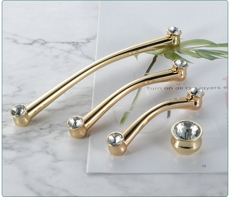 Gold Crystal Pulls Knobs Solid Polished Brass Round Etsy