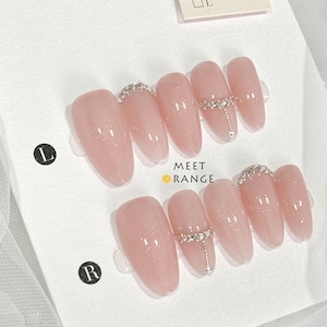 42 - Pink Diamond Wedding Press On Nails | Gel Fake Acrylic Handmade Nails | Crystal Bridal Nails | Gifts For Wife