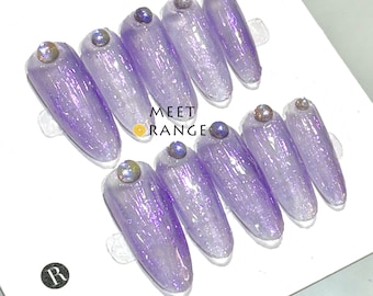 47-purple fake nails, Irregular lines nails, aurora color nails, long nails, handmade nails, almond nails, impressive nails, party nails