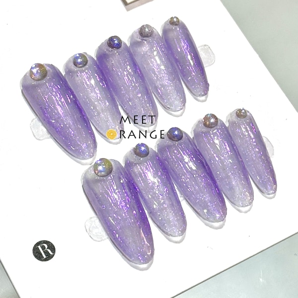 47-purple fake nails, Irregular lines nails, aurora color nails, long nails, handmade nails, almond nails, impressive nails, party nails