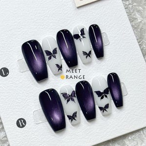 Handmade Purple Cat Eye Press On Nails: Butterfly Accent