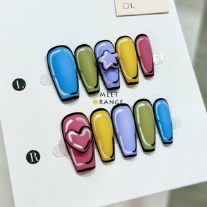 93 - Unhas de Anime Kawaii | Unhas de Arco-Íris Fofas e Doces | Unhas Japonesas | Unhas Pintadas à Mão de Desenho Animado | Presentes para Melhores Amigas