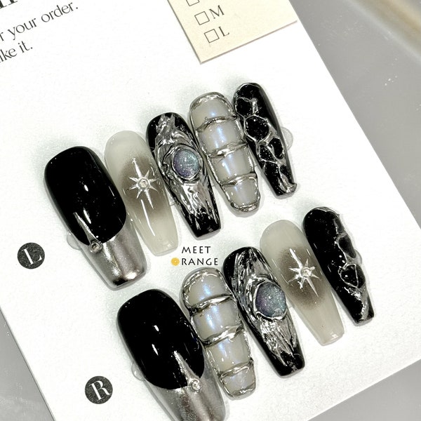 06-glitter nails, y2k nails, press on nails, handmade nails, metallic nails, black nails, gifts for sister, trendy nails, goth nails