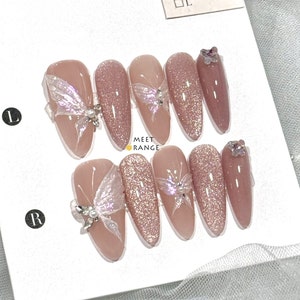 29 - 3D Hand Painted Butterfly Nails | Pearl Crystal Nails | Glitter Nails | Pink Wedding Nails | Bridal Premium Nails | Nails Art
