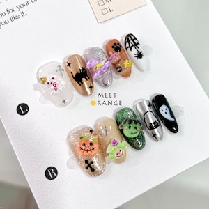 114 - Uñas lindas de Halloween / Uñas de fantasmas / Uñas de calabaza / Uñas de fiesta kawaii / Uñas de araña reales hechas a mano / Uñas de dibujos animados