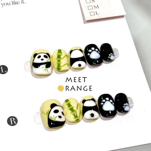 39-panda fake nails, cute nails, handpainted, handmade nails, press on nails short, kawaii nails, nails art, birthday gifts, acrylic nails