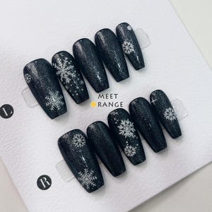 Schwarze Schneeflocke Press On Nails: Winter Glitzer Acrylnägel