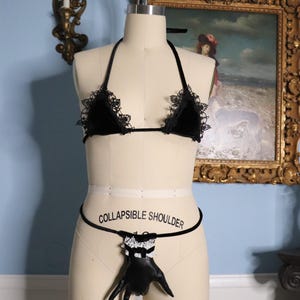 Desirae - Gothic Fingering Hand Black Velvet Lingerie Set with Sterling Silver Charm