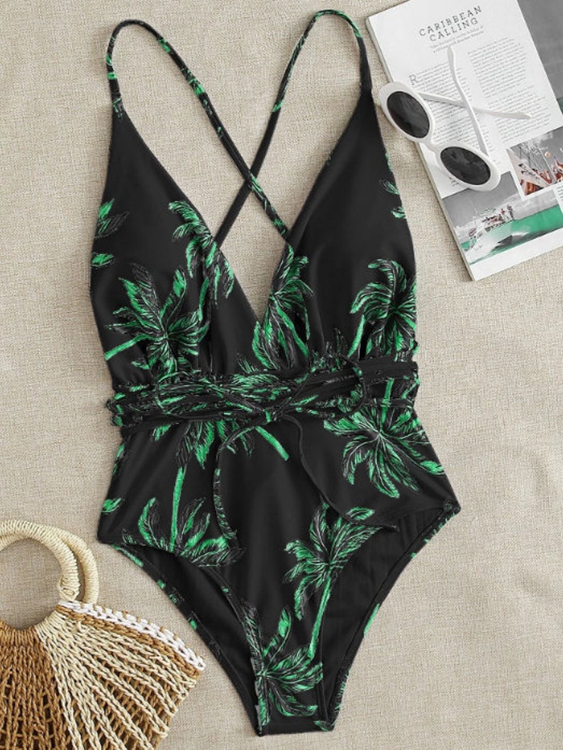 Tropical Tie Front Plunging One Piece Swimsuit.Sexy Bikini