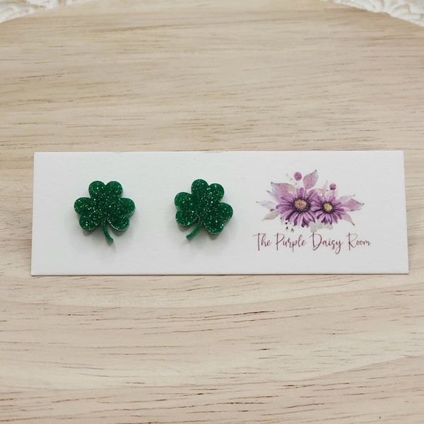 Green Glitter Shamrock Stud Earrings, St Patricks Day Earrings, Green Stud Earrings, Shamrock Studs, Gift for her, Gift for Women