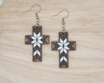Painted Patchwork Quilt Cross Earrings, Cross Earrings Dangle, Christian Earrings, Christian Jewelry, Christian Gifts For Women