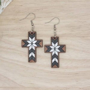 Painted Patchwork Quilt Cross Earrings, Cross Earrings Dangle, Christian Earrings, Christian Jewelry, Christian Gifts For Women