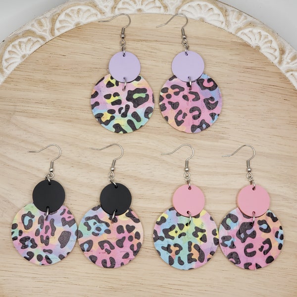 Neon Leopard Print Cork Circle Earrings Dangle, Neon Earrings, Leopard Print Earrings, Earrings Fun, Handmade Gift, Best Friend Gift