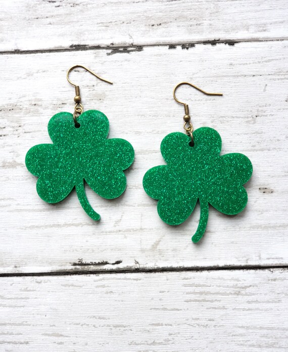 Green Glitter Shamrock Earrings St Patricks Day Earrings Green