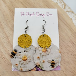 Bees and Daisies Cork Earrings with Yellow Honeycomb LeatherTopper, Spring Summer Earrings, Statement Earrings, Gift for Bee Lover or Keeper